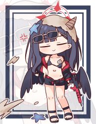  :d anger_vein assault_rifle bare_shoulders bikini bikini_under_clothes black_bikini black_hair black_jacket black_sandals black_shorts black_wings blue_archive blue_eyes bullpup chibi closed_eyes closed_mouth em-2 empty_eyes eyewear_on_head facing_viewer feathered_wings female grey-framed_eyewear gun half-closed_eyes halo hana_kazari hand_on_own_hip highres holding holding_gun holding_weapon ichika_(blue_archive) ichika_(swimsuit)_(blue_archive) jacket long_hair long_sleeves low_wings multiple_views navel off_shoulder open_clothes open_fly open_jacket open_shorts outline puffy_long_sleeves puffy_sleeves revision rifle sand sandals short_shorts shorts sleeves_past_wrists smile standing starfish sunglasses swimsuit very_long_hair weapon white_outline wings zoom_layer 