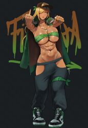  abs absurdres baggy_pants bandana bandana_around_thigh bandeau baseball_cap beuto black_pants bling blonde_hair borrowed_character brass_knuckles breasts chains character_name clenched_hand collarbone commentary commission crip_walk dark-skinned_female dark_skin english_commentary female fiona_(hpontiqtonicq) foreshortening front-tie_top full_body fur-trimmed_collar fur_trim gold_chain gold_jewelry gold_pendant gold_ring graffiti green_bandana green_bandeau green_jacket hair_over_one_eye hat high_collar highleg highleg_panties highres hip_hop hip_vent jacket jacket_on_shoulders large_breasts letter_pendant middle_finger motion_lines navel navel_piercing open_clothes open_jacket original outstretched_arms panties pants panty_straps piercing pigeon-toed shoes sneakers solo standing text_background toned toned_female underboob underwear weapon yellow_eyes 