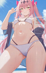  absurdres ass_visible_through_thighs bare_shoulders bikini black_jacket bow breasts closed_mouth commentary_request cowboy_shot crotch_seam day earrings epic_seven facial_mark female from_below hair_ornament hairbow hand_up highres jacket jewelry konjou long_hair looking_at_viewer luluca_(epic_seven) multi-strapped_bikini_bottom navel off_shoulder outdoors pink_hair small_breasts smile solo stomach string_bikini sunlight swimsuit thighs top_model_luluca_(epic_seven) two_side_up v very_long_hair wet white_bikini yellow_eyes 