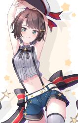  :3 armpits arms_behind_head arms_up back_bow black_bow black_bowtie blue_eyes blue_shorts blush bow bowtie braid breasts brooch brown_hair buttons closed_mouth contrapposto cropped_shirt drop_shadow female grey_hat grey_shirt grey_thighhighs hair_ornament hairclip hat highres hip_vent hololive jewelry lace-trimmed_panties lace_trim large_bow looking_at_viewer medium_breasts midriff narrow_waist navel nishiki_yuno official_alternate_costume official_alternate_hairstyle oozora_subaru oozora_subaru_(work) panties panty_peek pinstripe_pattern pinstripe_shirt sailor_hat shirt short_hair shorts side_braid sleeveless sleeveless_shirt smile solo star_(symbol) star_brooch star_hair_ornament star_symbol_background suspenders swept_bangs thighhighs underwear unworn_hat unworn_headwear virtual_youtuber wide_hips yellow_bow 