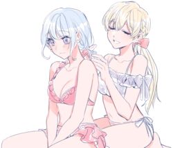  2girls bang_dream! bikini blonde_hair blue_hair blush bow breasts cleavage closed_eyes closed_mouth commentary_request fresa_pie frilled_bikini frills hairbow matsubara_kanon medium_breasts multiple_girls off-shoulder_bikini off_shoulder parted_lips pink_bikini pink_bow purple_bikini seiza shirasagi_chisato simple_background sitting smile swimsuit tying_another&#039;s_hair white_background yuri 