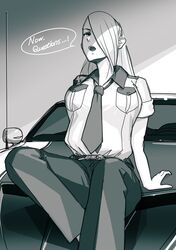  959_(8go8) belt breasts car collared_shirt english_text female hair_behind_ear highres leaning_back long_hair medium_breasts motor_vehicle on_vehicle open_mouth original pants police police_uniform policewoman shirt shirt_tucked_in sitting solo speech_bubble uniform 