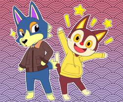  2020 akimo_(artist) animal_crossing anthro black_eyes bottomless bottomless_male brown_body brown_fur canid canine canis clothed clothing domestic_cat duo featureless_crotch felid feline felis fur happy hi_res hoodie hoodie_only jacket looking_at_viewer male mammal nintendo open_mouth raised_arms red_nose rudy_(animal_crossing) tail topwear topwear_only wolf wolfgang_(animal_crossing) yellow_clothing yellow_eyes yellow_hoodie yellow_topwear 