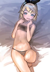  absurdres bed_sheet black_bow black_hairband blonde_hair blue_eyes bow bow_hairband bra breasts brown_bra brown_panties brown_tube_top collarbone emuou female hair_ornament hairband hairclip hand_on_own_cheek hand_on_own_chin hand_on_own_face highres kagamine_rin leg_up light_blush looking_at_viewer lying midriff navel on_back on_bed panties small_breasts smile solo strapless tube_top underwear vocaloid 