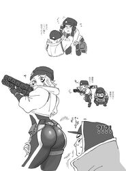  !? 1boy :3 ? absurdres animification apex_legends ass baseball_cap beanie bodysuit chibi chibi_inset chouson crypto_(apex_legends) electric_incognito_wattson female fingerless_gloves gloves greyscale gun hat highres holding holding_gun holding_weapon holographic_monitor jacket looking_back looking_up low_profile_crypto monochrome nervous_sweating official_alternate_costume solid_eyes surprised sweat translation_request v-shaped_eyebrows wattson_(apex_legends) weapon white_background 