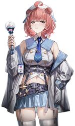  ahoge bare_shoulders belt blue_necktie blue_sailor_collar breasts buttons double-breasted double_bun female garter_straps hair_bun half-closed_eyes hand_on_own_hip hat highres holding holding_staff holster id_card jacket large_breasts miniskirt multicolored_clothes multicolored_jacket navel necktie off_shoulder open_clothes open_jacket orange_eyes pink_hair ryoga sailor_collar shirt short_hair simple_background skirt sleeveless sleeveless_shirt solo staff thighhighs two-tone_jacket underbust virtual_youtuber vspo! white_background white_hat white_jacket white_thighhighs wing_collar yumeno_akari 