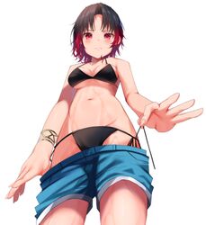  bikini black_bikini black_hair blush breasts cleavage female from_below gradient_hair highres iris_black_games kisaragi_ren_(vtuber) medium_breasts multicolored_hair navel parted_bangs red_eyes red_hair short_shorts shorts simple_background solo swimsuit temari_maco undressing virtual_youtuber vspo! white_background wristlet 