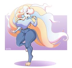  2023 5_fingers 9_tails absurd_res alolan_form alolan_ninetales anthro ass big_breasts big_butt blue_bottomwear blue_clothing blue_jeans blue_pants bottomwear breasts clothed clothing denim denim_bottomwear denim_clothing elizabeth_karola female female_(lore) female_anthro fingers front_view fully_clothed fully_clothed_anthro fully_clothed_female fur generation_1_pokemon generation_7_pokemon green_eyes grey_body grey_clothing grey_fur grey_inner_ear grey_sweater grey_topwear heterochromia hi_res huge_breasts hybrid jeans multi_tail ninetales nintendo on_one_leg orange_nose pants pokemon pokemon_(species) purple_background red_eyes regional_form_(pokemon) rudytheshark shirt simple_background solo standing sweater tail topwear white_background white_ears yellow_body yellow_fur 