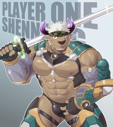  abs animal_ears armor bad_id bad_twitter_id bara bare_pectorals bare_shoulders brown_fur bulge camouflage camouflage_headwear chest_tuft cow_ears cow_horns crotchless crotchless_pants facial_hair fawn2661 furry furry_male goatee highres horns japanese_armor large_pectorals legs_apart looking_at_viewer magic_circle male_focus mature_male mechanical_arms mechanical_legs minotaur muscular muscular_male navel nipples official_alternate_costume over_shoulder pants pectorals purple_horns shennong_(housamo) smile standing stomach strongman_waist sword sword_over_shoulder thick_thighs thighs tokyo_afterschool_summoners weapon weapon_over_shoulder white_hair 