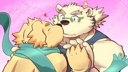  2boys ^^^ animal_ears bad_id bad_twitter_id bara bear_boy bear_ears blush closed_eyes couple cu_sith_(housamo) dog_boy fawn2661 furry furry_male furry_with_furry heart holding_hands interlocked_fingers kissing leib_(housamo) light_blush male_focus multiple_boys plump surprise_kiss surprised tokyo_afterschool_summoners upper_body yaoi 