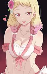  :3 :p absurdres arm_scrunchie armband bare_shoulders bead_necklace beads bikini blonde_hair bow bow_bikini braid breasts breasts_squeezed_together cleavage collarbone commentary female flower gradient_background gradient_hair hair_flower hair_ornament hairbow heart highres jewelry large_breasts long_hair looking_at_viewer love_live! love_live!_superstar!! multicolored_hair navel necklace onitsuka_natsumi pink_eyes pink_hair red_scrunchie scrunchie side_braids simple_background smile solo swimsuit tongue tongue_out two-tone_bikini upper_body waist_bow wet white_bow zanpon 