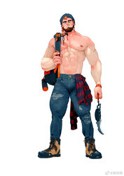  1boy abs backpack bag bara beard blush boots bulge clothes_around_waist dagger denim facial_hair full_beard full_body head_tilt highres jeans knife large_pectorals male_focus muscular muscular_male navel nipples o2h_(oblivionh) orange_hair original pants pectorals red_nose shirt shirt_around_waist short_hair smile solo standing stomach straight-on strongman_waist tachi-e thick_eyebrows topless_male weapon 