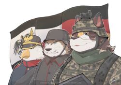  absurd_res anthro armor avian bird callmetatsuo canid canine canis clothed clothing female fox fur german_empire germany group hair headgear helmet hi_res male mammal military prussia text translation_check translation_request uniform warrior wolf 