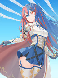  alear_(female)_(fire_emblem) alear_(fire_emblem) blue_eyes blue_hair braid breasts crossed_bangs crown_braid female fire_emblem fire_emblem_engage heterochromia highres large_breasts multicolored_hair red_eyes red_hair revvie solo split-color_hair symbol-shaped_pupils thighhighs tiara two-tone_hair 