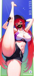  arm_behind_head arm_tattoo armpits arms_up ass ass_visible_through_thighs bare_arms bare_legs bare_shoulders barefoot baseball_cap black_gloves black_hat black_shorts blue_eyes breasts cleavage clickdraws clothing_cutout collarbone cowboy_shot crop_top dolphin_shorts drawstring elly_(vtuber) female fingerless_gloves flexible gloves green_eyes hat highleg highres indie_virtual_youtuber kneepits large_breasts leg_lift leg_up lifting_own_clothes long_hair looking_at_viewer low_twintails mask meme midriff mouth_mask navel panty_straps red_hair shirt short_shorts shorts shoulder_tattoo sleeveless sleeveless_shirt solo split standing standing_on_one_leg standing_split stomach sweat tattoo thighs towel towel_around_neck twintails twitter_strip_game_(meme) two-tone_shirt underboob_cutout very_long_hair virtual_youtuber white_shirt 