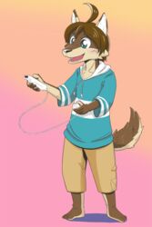  2014 5_fingers akimo_(artist) anthro barefoot blush brown_body brown_fur brown_hair canid canine canis clothed clothing controller fangs feet fingers fur game_controller gaming gradient_background hair happy holding_controller holding_game_controller holding_object male mammal morenatsu nintendo nintendo_controller open_mouth playing_video_game shun_(morenatsu) simple_background solo tail teeth wii wii_nunchuk wolf 