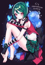  absurdres ao_(ao0_0nemu) bad_id bad_pixiv_id bare_legs barefoot black_choker black_gloves blue_butterfly blue_flower bug butterfly character_name choker closed_mouth commentary_request female fingerless_gloves flower full_body gloves green_hair green_skirt happy_birthday highres jacket kiratto_pri_chan knees_up legs long_legs looking_at_viewer midorikawa_sara miniskirt nail_polish pink_eyes plaid plaid_skirt pleated_skirt pretty_series red_jacket shirt short_hair sitting skirt sleeveless sleeveless_jacket smile solo toenail_polish toenails toes white_shirt 