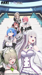  6+girls ade_(nikke) apron breasts cleavage cocoa_(nikke) commentary_request crossover emilia_(re:zero) flower glasses goddess_of_victory:_nikke hair_flower hair_ornament hair_ribbon highres jam_(nandade) large_breasts long_hair long_sleeves looking_at_viewer maid maid_headdress multiple_girls official_art pointy_ears purple_eyes ram_(re:zero) re:zero_kara_hajimeru_isekai_seikatsu rem_(re:zero) ribbon soda_(nikke) x_hair_ornament 