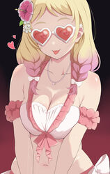  :3 :p absurdres arm_scrunchie armband bare_shoulders bead_necklace beads bikini blonde_hair bow bow_bikini braid breasts breasts_squeezed_together cleavage collarbone commentary female flower gradient_background gradient_hair hair_flower hair_ornament hairbow heart heart-shaped_eyewear highres jewelry large_breasts long_hair looking_at_viewer love_live! love_live!_superstar!! multicolored_hair navel necklace onitsuka_natsumi pink_eyes pink_hair red_scrunchie scrunchie side_braids simple_background smile solo sunglasses swimsuit tongue tongue_out two-tone_bikini upper_body waist_bow wet white_bow zanpon 