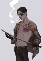  1boy abs arm_tattoo belt black_belt black_gloves black_pants chain_necklace chains chest_tattoo cigarette collarbone eyepatch facial_hair forehead gloves goatee gold_jacket gold_necklace grey_background holding holding_sword holding_weapon jacket jewelry katana looking_at_object looking_down majima_goro male_focus mayya82 muscular muscular_male necklace obliques one_eye_covered open_clothes open_jacket pants pectorals ryuu_ga_gotoku_(series) ryuu_ga_gotoku_1 short_hair shoulder_tattoo single_bare_shoulder single_off_shoulder smoke smoke_trail smoking snake_tattoo solo sword tattoo weapon 