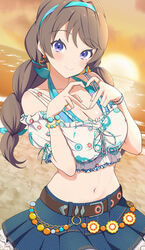  absurdres aqua_hairband beach bead_bracelet beads belt bikini bikini_top_only blue_skirt bracelet breasts breasts_squeezed_together brown_belt brown_hair cleavage collarbone commentary_request cropped_shirt denim denim_skirt dutch_angle earrings female frilled_shirt frills fujishima_megumi hairband halterneck heart heart_earrings heart_hands highres jewelry large_breasts link!_like!_love_live! long_hair looking_at_viewer love_live! low_twintails miniskirt natsumeki_pain_(love_live!) navel off-shoulder_shirt off_shoulder official_alternate_costume official_alternate_hairstyle orange_sky partial_commentary pleated_skirt purple_eyes sand shirt skirt sky smile solo stomach sunset swimsuit twintails virtual_youtuber white_shirt zanpon 