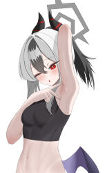  absurdres arm_behind_head armpits black_hair black_horns black_sports_bra blue_archive breasts commentary demon_horns female halo highres horns kayoko_(blue_archive) looking_at_viewer mopi_(oooo5412) navel one_eye_closed parted_lips ponytail presenting_armpit purple_wings red_eyes simple_background single_wing small_breasts solo sports_bra standing upper_body white_background white_hair wings 