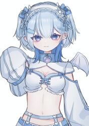  aegyo_sal arazan_(ara_arazan24) barbell_piercing blue_eyes blue_hair breasts brooch bustier cleavage clothing_cutout colored_inner_hair commentary_request commission cross-laced_hairband cross_piercing demon_wings ear_piercing earrings female frilled_hairband frills hair_ornament hairband hairclip hands_up heart heart_brooch heart_earrings indie_virtual_youtuber industrial_piercing jacket jewelry light_smile looking_at_viewer mashiro_mayo medium_hair multicolored_hair name_tag_hair_ornament navel oerba_yun_fang pale_skin piercing shoulder_cutout shrug_(clothing) simple_background single_wing skeb_commission skin_fang sleeves_past_fingers sleeves_past_wrists solo stomach straight-on track_jacket two_side_up upper_body white_background white_bustier white_hairband white_jacket white_wings wings wolf_cut 