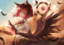  afk_arena animal_ears clouds feathers monkeyyan red_eyes red_hair safiya_(afk_arena) short_hair wings 