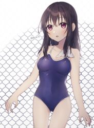  bare_arms bare_shoulders black_hair blue_one-piece_swimsuit blush breasts chain-link_fence collarbone commentary_request covered_navel female fence fujiwara_hajime hair_between_eyes idolmaster idolmaster_cinderella_girls long_hair looking_away medium_breasts minamiya_mia one-piece_swimsuit parted_lips partial_commentary red_eyes school_swimsuit solo standing swimsuit twitter_username very_long_hair wet white_background 