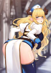  ass bent_over black_thighhighs blonde_hair blue_eyes blurry blush breasts depth_of_field draph female from_behind gloves granblue_fantasy hair_intakes hat horns kourui large_breasts long_hair looking_back pelvic_curtain pointy_ears puffy_sleeves razia solo thighhighs thighs very_long_hair wavy_hair 