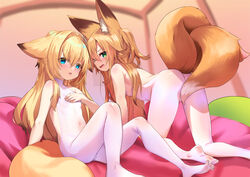  2girls all_fours animal_ear_fluff animal_ears ass bed blonde_hair blue_eyes bodystocking breasts covered_navel covering_breasts covering_privates face-to-face feet fox_ears fox_girl fox_tail green_eyes hair_intakes kokonoe_hisagi kokonoe_tsubaki leaning_back legs long_hair multiple_girls multiple_tails no_panties no_shoes open_mouth original pillow siblings sisters sitting small_breasts soles tail tail_censor thighs toes two_tails yoshizawa_tsubaki 