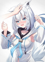  ahoge animal_ear_fluff animal_ears blue_neckerchief blush braid breasts collarbone commentary_request detached_sleeves earrings female fox_ears fox_girl fox_tail green_eyes hair_between_eyes hand_on_another&#039;s_head headpat highres hololive hood hoodie jewelry long_hair looking_at_viewer medium_breasts neckerchief open_mouth pov pov_hands shirakami_fubuki shirakami_fubuki_(1st_costume) sidelocks simple_background single_braid suicabar72 tail virtual_youtuber white_background white_hair white_hoodie 