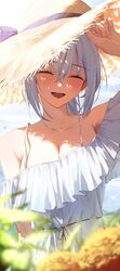  arm_up beach blurry blurry_foreground blush breasts cleavage_cutout closed_eyes clothing_cutout collarbone commentary crossed_bangs day depth_of_field dress facing_viewer female frilled_dress frills grey_hair hat highres huhi_(huhi_1211) ine_(vtuber) large_breasts ocean off-shoulder_dress off_shoulder open_mouth plant short_hair smile solo spaghetti_strap sun_hat sundress sunlight virtual_youtuber waktaverse white_dress 