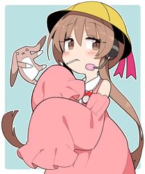  :x blush brown_eyes dress female hat headset heart ini_(inunabe00) kindergarten_uniform light_brown_hair long_hair looking_at_viewer mouth_hold pink_dress school_hat sleeves_past_fingers sleeves_past_wrists solo stuffed_animal stuffed_rabbit stuffed_toy tsukuyomi_ai twintails very_long_hair voiceroid 