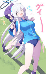  2girls :d ^_^ assisted_stretching back-to-back bent_over black_footwear black_shirt blue_archive blue_buruma blue_jacket blunt_bangs breasts buruma carrying carrying_person closed_eyes commentary from_above grass gym_shirt gym_uniform half_updo halo headgear highres jacket leaning_on_person locked_arms long_hair long_sleeves mechanical_halo medium_breasts multiple_girls noa_(blue_archive) official_alternate_costume official_alternate_hairstyle open_mouth outdoors parted_bangs purple_hair shadow shirt shoes short_sleeves sidelocks smile stretching tonomiya68 track_jacket translation_request white_hair yuuka_(blue_archive) yuuka_(track)_(blue_archive) 