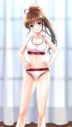  backlighting bare_arms bare_legs blush breasts brown_eyes brown_hair cleavage closed_mouth collarbone curtains doukyuusei doukyuusei_another_world feet_out_of_frame female floating_hair game_cg hair_ribbon hands_on_own_hips head_tilt high_ponytail long_hair looking_at_viewer medium_breasts navel panties red_ribbon ribbon smile solo sports_bra standing tanaka_misa underwear underwear_only white_panties white_sports_bra 