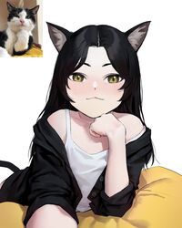  animal animal_ear_fluff animal_ears bad_id bad_twitter_id bare_shoulders black_hair black_shirt blush brown_eyes cat_ears cat_girl cat_tail closed_mouth collarbone commentary dongho_kang english_commentary eyebrows_hidden_by_hair feline female green_eyes highres long_hair looking_at_viewer lying off_shoulder on_stomach open_clothes open_shirt original parted_bangs photo-referenced photo_inset real_life shirt simple_background smile solo tail upper_body white_background 