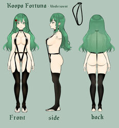  absurdres aoiii ass barefoot black_choker character_name choker english_commentary female flower from_side green_background green_eyes green_hair hair_behind_ear hair_flower hair_ornament highres indie_virtual_youtuber koopa_fortuna multiple_views navel official_art reference_sheet second-party_source slingshot_swimsuit smile swimsuit thighhighs underwear virtual_youtuber 