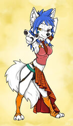  anthro arctic_fox bad_guy_cafe blue_hair breasts brown_eyes canid canine clothing dancing female footwear fox fur hair heterochromia hi_res mammal mia_(smneff) necktie solo toeless_footwear true_fox white_body white_fur yellow_eyes ziegelzeig 