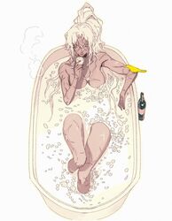  absurdres animal_on_arm arm_rest bangs bath bathing bathtub bird bird_on_arm bottle breasts cross_scar cup dark-skinned_female dark_skin dizi930 drink eyelashes facial_mark female forever_7th_capital from_above genderswap_(mtf) hand_up highres holding holding_cup knees_up large_breasts leaning_back long_hair nude parted_bangs partially_submerged petals ponytail rahulk_(forever_7th_capital) rule_63 scar scar_on_arm scar_on_breasts scar_on_chest scar_on_face scar_on_leg scar_on_nose simple_background sitting solo steam very_long_hair water whisker_markings white_background white_hair yellow_eyes 