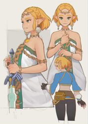  ass bare_shoulders blonde_hair blue_shirt bracelet braid breasts crown_braid dress earrings elf female fingerless_gloves gloves green_eyes hair_ornament hairclip highres ivy_(sena0119) jewelry long_sleeves looking_at_viewer master_sword multiple_views pants parted_bangs pointy_ears princess_zelda shirt short_hair standing sword the_legend_of_zelda the_legend_of_zelda:_tears_of_the_kingdom weapon white_dress 