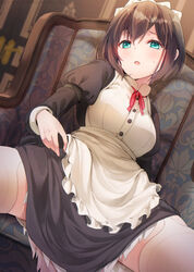  :o apron aqua_eyes black_dress black_hair blush breasts brown_hair buttons couch dress female frilled_apron frilled_dress frills garter_straps green_eyes hair_between_eyes highres indoors itou_chitose iya_na_kao_sare_nagara_opantsu_misete_moraitai juliet_sleeves long_sleeves looking_at_viewer maid maid_apron maid_headdress medium_breasts neck_ribbon open_mouth parted_lips puffy_sleeves red_ribbon ribbon solo spread_legs sweat sweatdrop thighhighs tomozero waist_apron white_apron white_thighhighs 