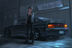  black_footwear black_hair black_pants black_shirt blue_eyes blue_jacket blush breasts car cleavage commentary_request female highres jacket license_plate momo_hiki motor_vehicle night nissan nissan_180sx open_clothes open_jacket original outdoors pants personification shirt shoes short_hair solo sports_car standing tail_lights vehicle_and_personification vehicle_focus watch wristwatch zipper 