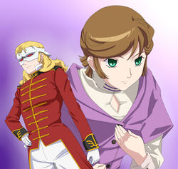  1boy audrey_burne blonde_hair brown_hair cloak closed_mouth female full_frontal gloves green_eyes gundam gundam_unicorn mask military military_uniform mineva_lao_zabi short_hair simple_background uniform white_gloves yoshida_keiji 