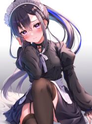  apron black_choker black_shirt black_skirt black_thighhighs blue_hair blush choker closed_mouth collared_shirt dress_shirt female floating_hair garter_straps grey_hair hair_between_eyes head_tilt highres ichinose_uruha long_hair long_sleeves looking_at_viewer lupinus_virtual_games multicolored_hair neck_ribbon ponytail purple_eyes ribbon shirt sitting skirt solo thighhighs toki_(toki_ship8) two-tone_hair very_long_hair virtual_youtuber vspo! waist_apron white_apron white_ribbon wing_collar 