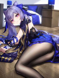  absurdres bed black_panties black_pantyhose blue_dress blush closed_mouth double_bun dress female genshin_impact hair_bun hair_ornament highres indoors keqing_(genshin_impact) keqing_(opulent_splendor)_(genshin_impact) long_hair looking_at_viewer lying official_alternate_costume on_side panties panties_under_pantyhose pantyhose purple_eyes purple_hair smile solo thighs underwear wu_ganlan_cai 