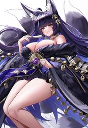  animal_ears azur_lane bare_shoulders black_hair breasts closed_mouth eternity_(shadeh) facial_hair feet_out_of_frame female folding_fan fox_ears fox_girl fox_tail hair_ornament hand_fan highres holding holding_fan japanese_clothes jewelry large_breasts long_hair long_sleeves looking_at_viewer musashi_(azur_lane) nail_polish necklace off_shoulder purple_nails simple_background smile solo tail thighs white_background yellow_eyes 