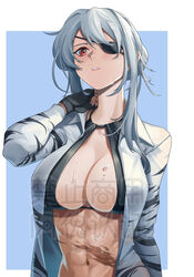  abs absurdres bikini black_bikini black_gloves blouse blush border breasts cleavage cy9 evelyn_(neural_cloud) eyepatch female fingerless_gloves girls&#039;_frontline girls&#039;_frontline_neural_cloud gloves grey_hair highres long_hair looking_at_viewer medium_breasts navel open_clothes open_mouth open_shirt parted_lips red_eyes shirt solo standing stomach sweat sweatdrop swimsuit teeth upper_body watermark white_border white_shirt 