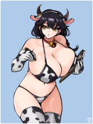  absurdres ajax_(last_origin) animal_ears animal_print bad_id bad_pixiv_id bell bikini black_hair blue_background border braid breasts cleavage clipboard cow_ears cow_girl cow_print cow_print_bikini elbow_gloves female gloves highres huge_breasts korean_commentary last_origin long_hair looking_to_the_side moku_(pintor09) navel neck_bell pen print_bikini simple_background single_braid solo swimsuit thighhighs white_border yellow_eyes 