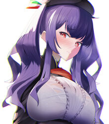  azur_lane beret black_hat blush bra breasts center_frills female framed_breasts frills from_below hat highres italian_flag kanaya604 lace-trimmed_bra lace_trim large_breasts long_hair pola_(azur_lane) purple_hair red_eyes simple_background solo underwear upper_body white_background 